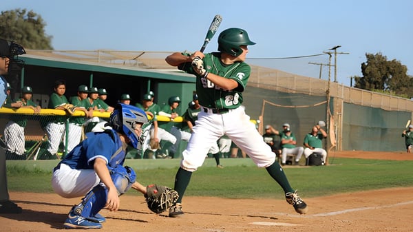 Ein Baseballspieler des Torrance Unified School Districts steht am Schlagmal und bereitet sich auf den Schlag vor.