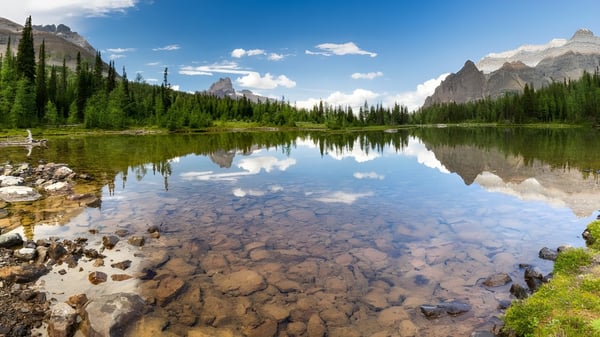 Ein ruhiger Bergsee umgeben von immergrünen Wäldern und schneebedeckten Gipfeln unter blauem Himmel.