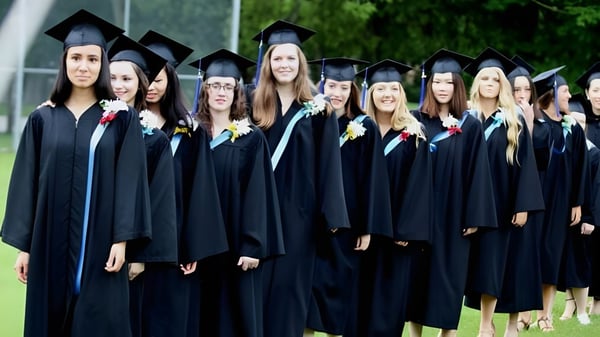 Eine Gruppe von Absolventinnen und Absolventen der Trafalgar Castle School steht in akademischen Gewändern im Freien vor grünem Hintergrund.