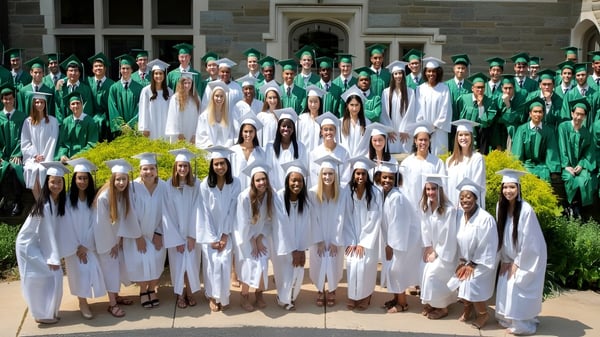 Eine Gruppe von Personen in weißen und grünen Gewändern steht vor einem Steingebäude auf dem Gelände der Tree of Life Christian School.