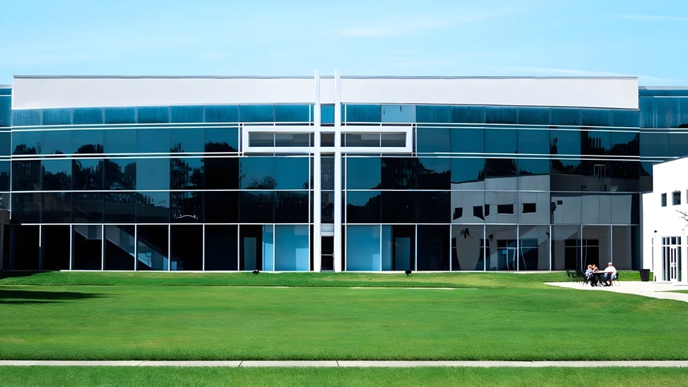 Das moderne Gebäude der Trinity Christian Academy mit Glasfassade steht vor einem grünen Rasen bei blauem Himmel.
