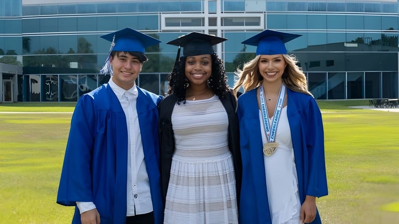 Drei Absolventen der Trinity Christian Academy stehen in blauen Talaren vor einem modernen Gebäude mit einer Wiese im Hintergrund.
