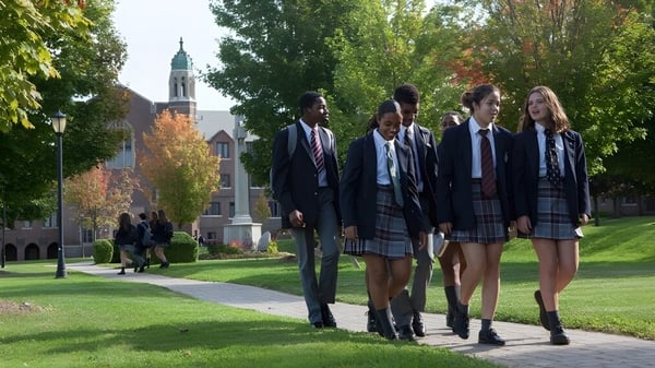 Schüler in Schuluniformen gehen auf einem von Bäumen gesäumten Weg auf dem Campus der Trinity College School mit historischem Gebäude im Hintergrund.