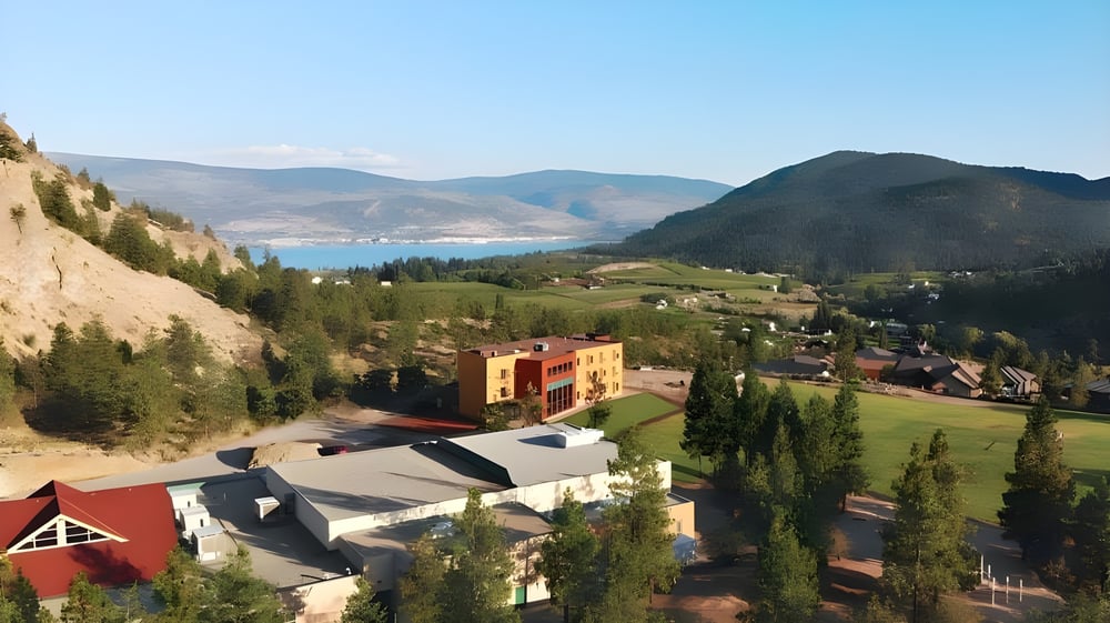 Eine malerische Landschaft mit einem Dorf, Hügeln, Wald und See in der Ferne, ohne direkten Bezug zur Unisus School.