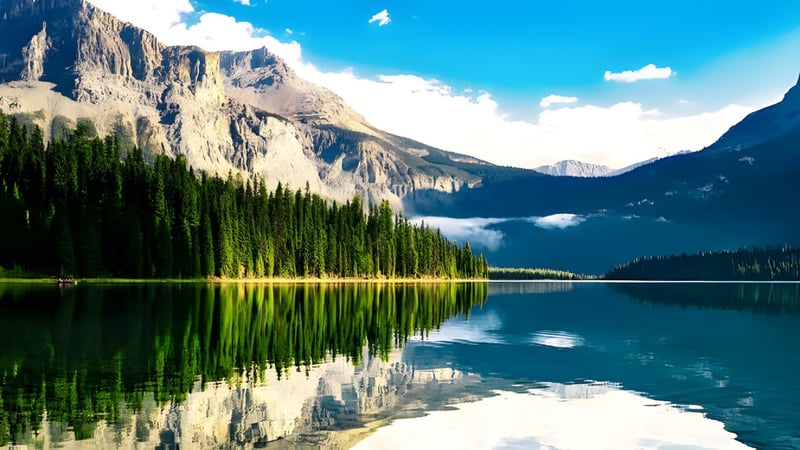 Ein ruhiger Bergsee inmitten von hohen Bergen und dichten Nadelwäldern zeigt eine perfekte Spiegelung der Landschaft.