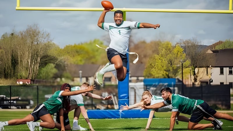 Ein Spieler der University of Limerick springt hoch, um einen Football auf dem Sportfeld zu fangen.