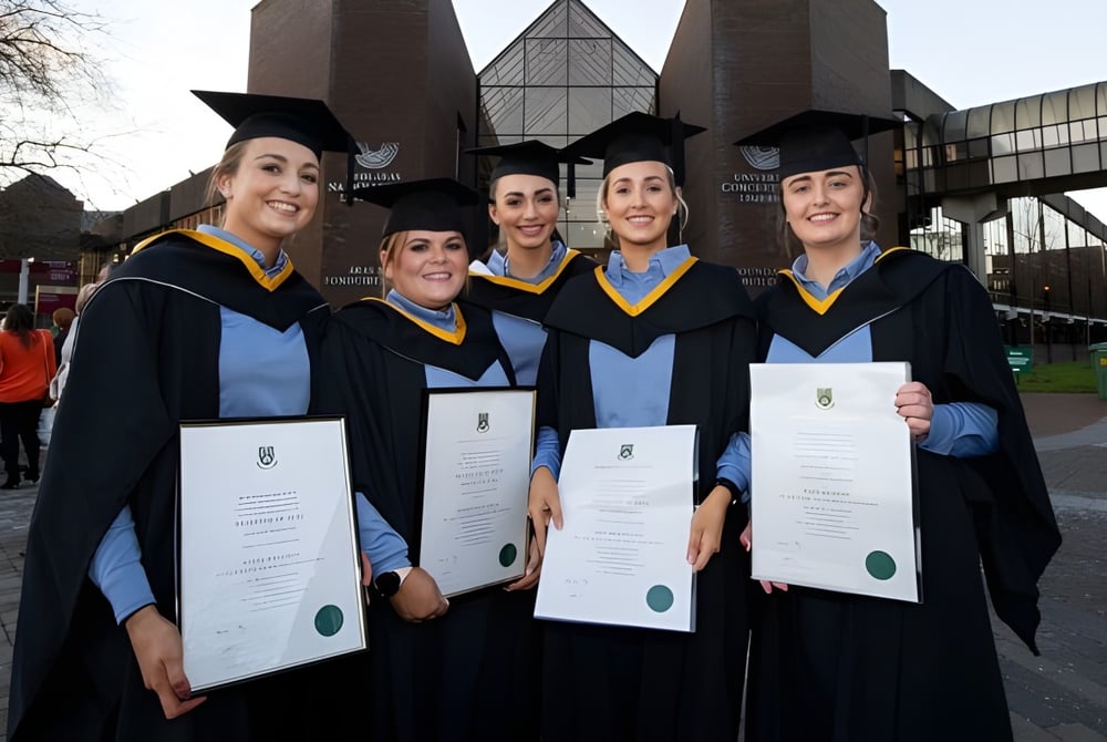 Eine Gruppe von fünf Absolventinnen und Absolventen der University of Limerick steht vor dem Universitätsgebäude und hält stolz ihre Diplome.