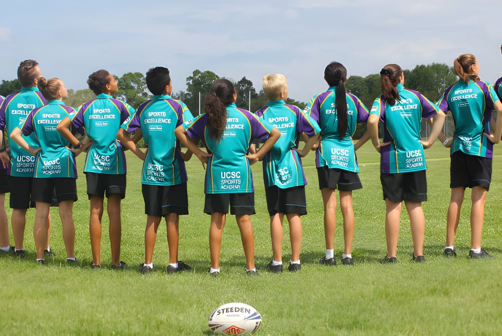 Eine Gruppe Schülerinnen und Schüler des Upper Coomera State College steht auf einem Fußballfeld zusammen mit einem Fußball im Vordergrund.