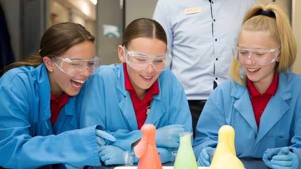 Drei Schülerinnen und Schüler der Urangan State High School diskutieren im Labor während eines Experiments.