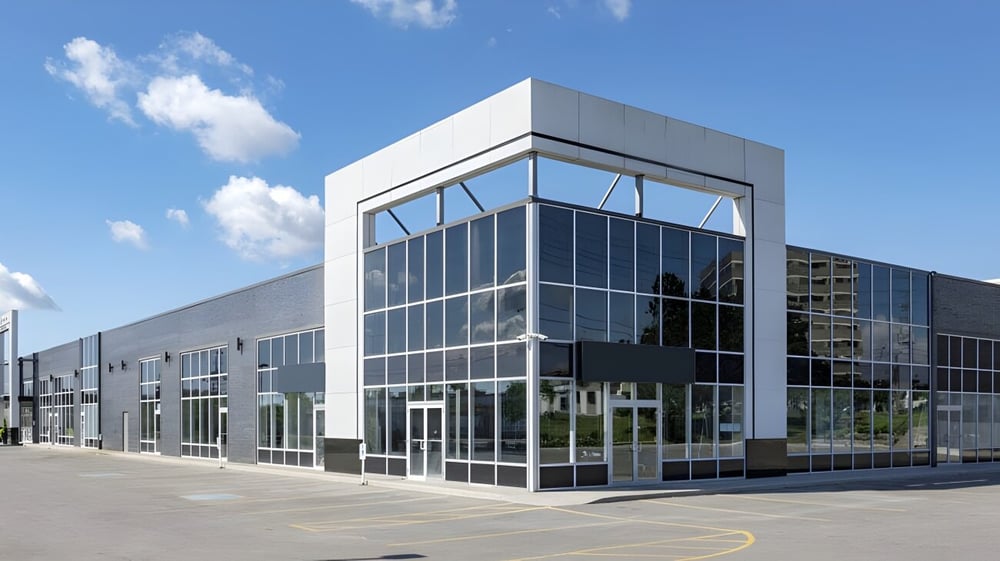 Das moderne Gebäude der Urban International High School mit verglaster Fassade steht auf einem gepflasterten Außenbereich.