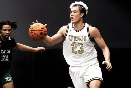 Zwei Basketballspieler kämpfen auf dem Spielfeld der Utah Prep Academy um den Ball.