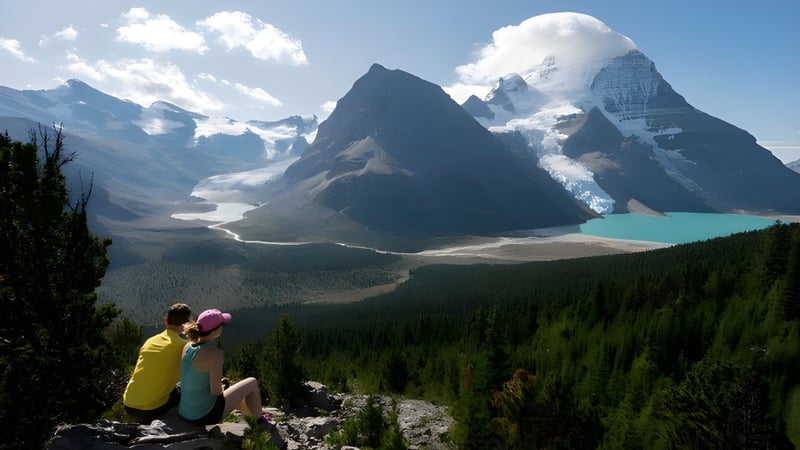 Zwei Personen sitzen auf einem Felsen und genießen die Berglandschaft mit See nahe der Valemount Secondary School.