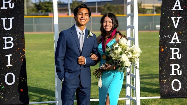 Ein Paar steht vor einem mit Rubioschriftzug gestalteten Hintergrund auf dem Gelände der Valley Christian High School.