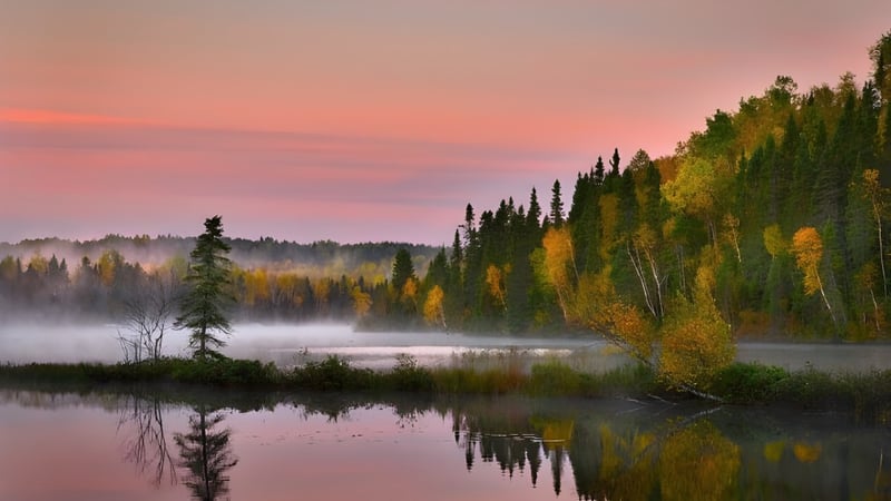Ein ruhiger See mit herbstlicher Laubfärbung und nebelverhangenem Wald ist in der Umgebung des Vankleek Hill Collegiate Institute zu sehen.