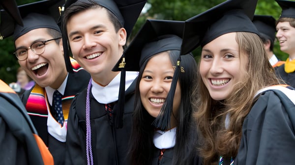 Eine Gruppe von Absolventen der Varsity College steht draußen in akademischer Kleidung vor grünem Hintergrund.