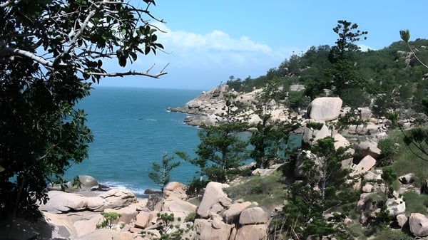 Blick auf felsige Klippen und das türkisfarbene Meer in der Landschaft nahe dem Varsity College.