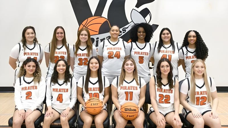 Eine Gruppe junger Schülerinnen im Basketball-Trikot posiert vor einer Wand mit großem Basketball-Logo am Ventura County Community College District.