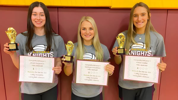 Drei Schülerinnen der Victoria High School halten Pokale und Urkunden vor rotem und gelbem Hintergrund.