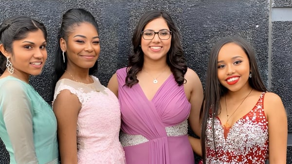 Vier Schülerinnen des Victoria Park Collegiate Institute posieren vor einer strukturierten grauen Wand.