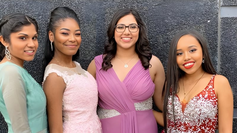 Vier Schülerinnen des Victoria Park Collegiate Institute posieren vor einer strukturierten grauen Wand.