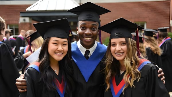 Drei Absolventinnen und Absolventen der Victoria School of the Arts posieren in Abschlussgewändern vor einem Backsteingebäude.