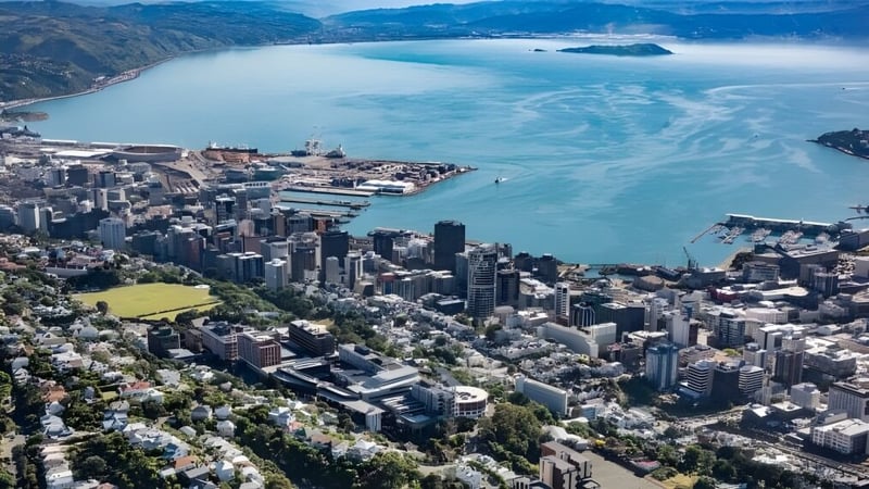 Blick auf die Küstenstadt mit Bergen und großer Bucht in der Nähe der Victoria University of Wellington.