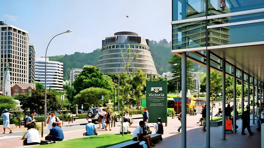 Blick auf die moderne Hochhauskulisse und den grünen Vordergrund in der Nähe der Victoria University of Wellington.