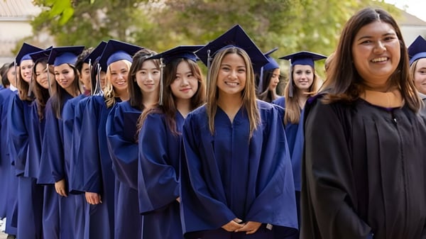 Schülerinnen der Villanova Preparatory School stehen in blauen Abschlussroben vor Bäumen und grüner Kulisse.