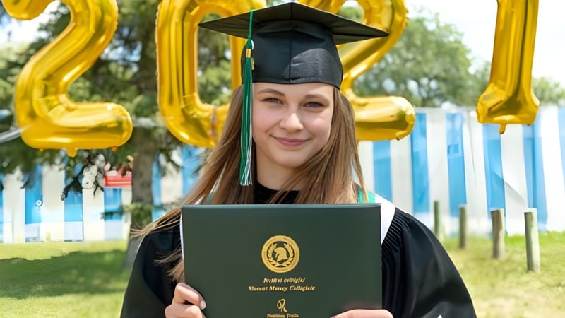 Eine junge Frau in Abschlussrobe und Barett hält ein Diplom vor gelben Luftballon-Zahlen auf dem Campus des Institut Collégial Vincent Massey Collegiate.