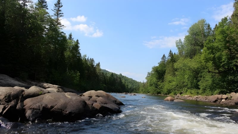 Ein klarer Bergfluss fließt durch eine bewaldete Landschaft mit Felsen im Vordergrund auf dem Gelände des Institut Collégial Vincent Massey Collegiate.