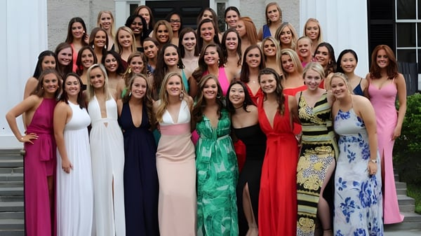 Eine Gruppe junger Frauen in farbenfrohen Kleidern steht auf der Treppe vor einem Gebäude der Virginia Episcopal School.
