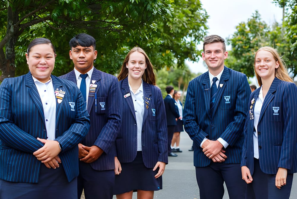 Eine Gruppe von Schülerinnen und Schülern in Uniform steht gemeinsam im grünen Außenbereich auf dem Campus des Waitakere College.