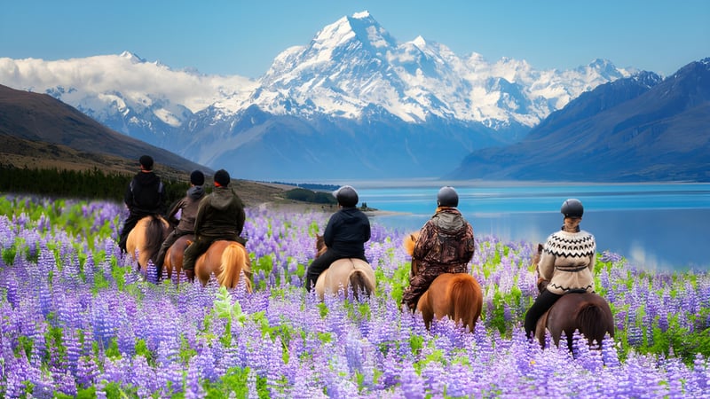 Schüler der Wakatipu High School reiten auf Pferden durch ein Feld mit violetten Lupinen vor schneebedeckten Bergen.
