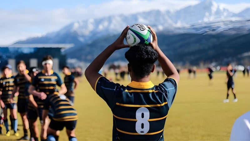 Ein Rugbyspieler in schwarzer und gelber Uniform fängt den Ball auf dem Spielfeld der Wakatipu High School mit schneebedeckten Bergen im Hintergrund.