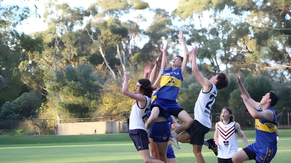 Schüler spielen Basketball auf einem Rasenfeld mit Bäumen am Wanneroo Secondary College.