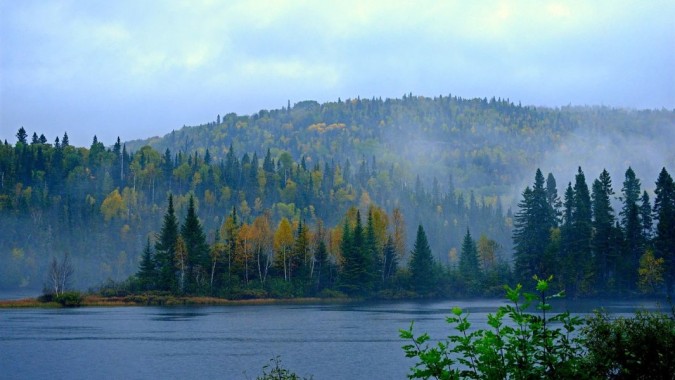 Ein ruhiger See mit bewaldeter Landschaft und nebelverhangenen Bergen im Hintergrund nahe der Warner School.