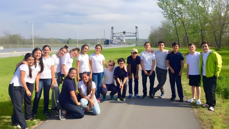 Eine Gruppe von Schülerinnen und Schülern steht auf einer Wiese mit Blick auf ein Sportstadion auf dem Gelände des Waterloo Region District School Board.