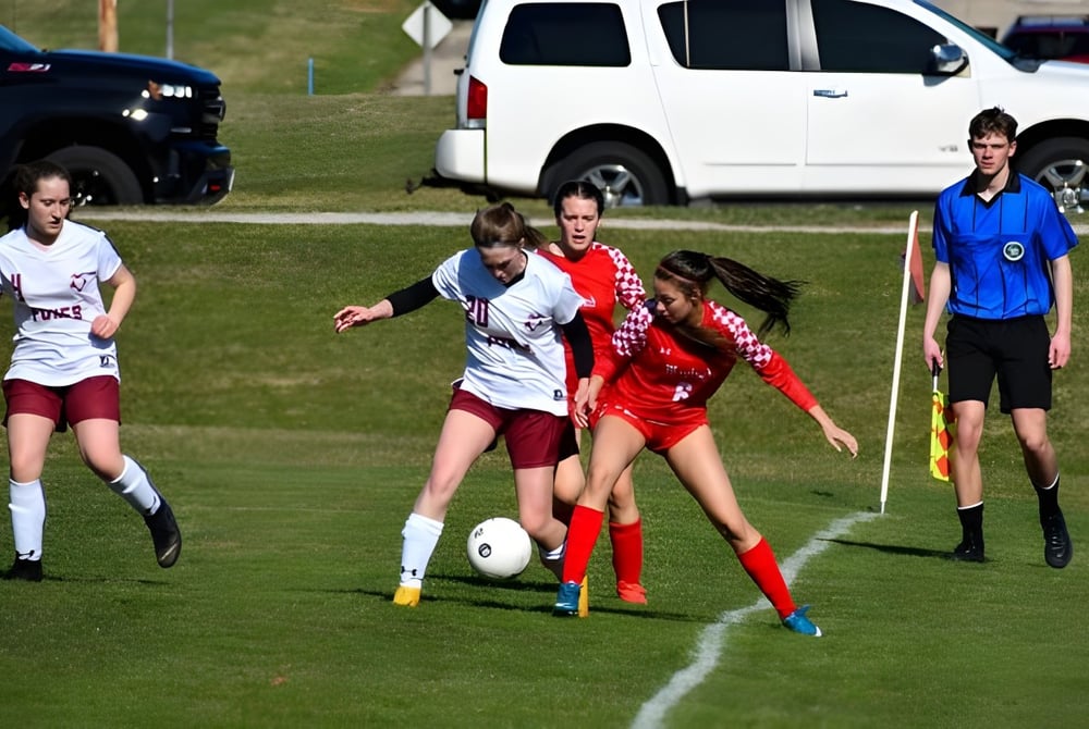 Junge Fußballspielerinnen beim Spiel auf dem Rasenfeld der Wayland Academy.