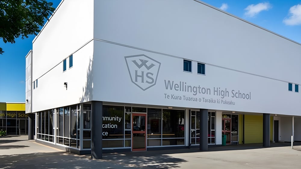 Das moderne weiße Gebäude der Wellington High School steht unter blauem Himmel umgeben von Bäumen.