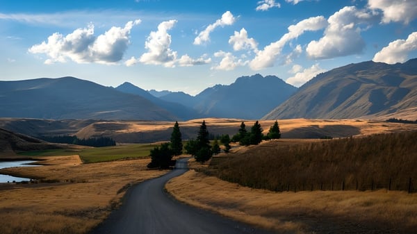 Eine verschlungene Sandstraße führt durch eine weite, goldene Wiese vor den Bergen auf dem Gelände der Wellington High School.