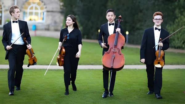 Vier Musiker der Wells Cathedral School stehen auf einer Wiese mit ihren Streichinstrumenten vor einem Gebäude.