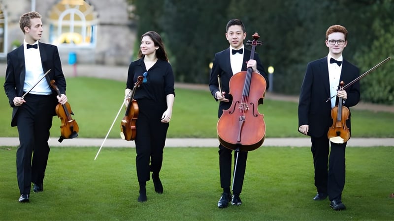 Vier Musiker der Wells Cathedral School stehen auf einer Wiese mit ihren Streichinstrumenten vor einem Gebäude.