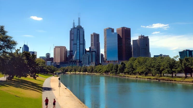 Blick auf die moderne Stadtsilhouette mit Wolkenkratzern und Fluss in der Nähe des Wesley College.