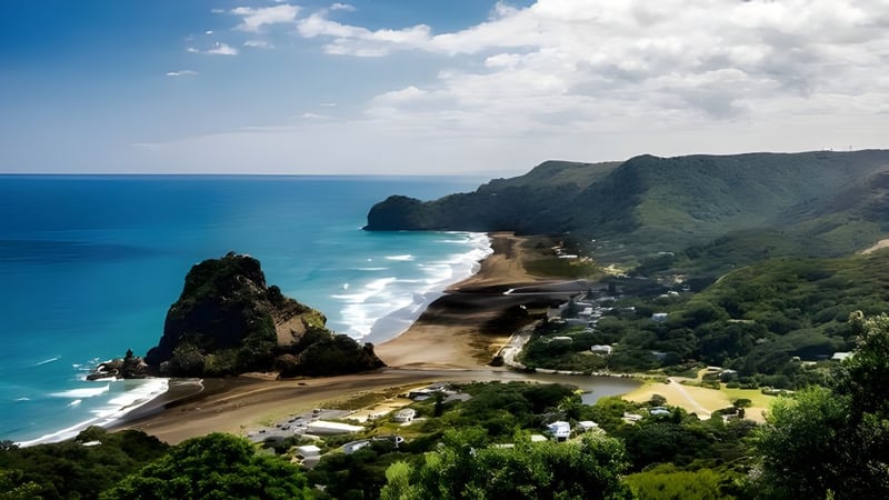 Eine beeindruckende Küstenlandschaft mit felsiger Küste und einem Sandstrand nahe Wesley College.