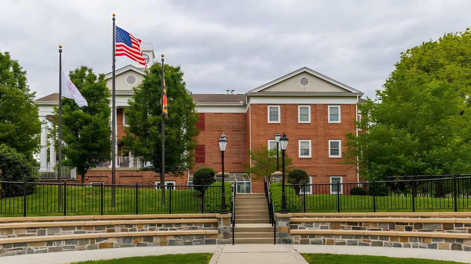 Das Backsteingebäude der West Nottingham Academy mit amerikanischer Flagge und angrenzendem Weg inmitten von Grünflächen.