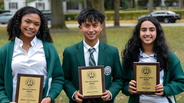 Drei Schülerinnen und Schüler der Western Reserve Academy stehen im Freien und halten Auszeichnungen in den Händen.