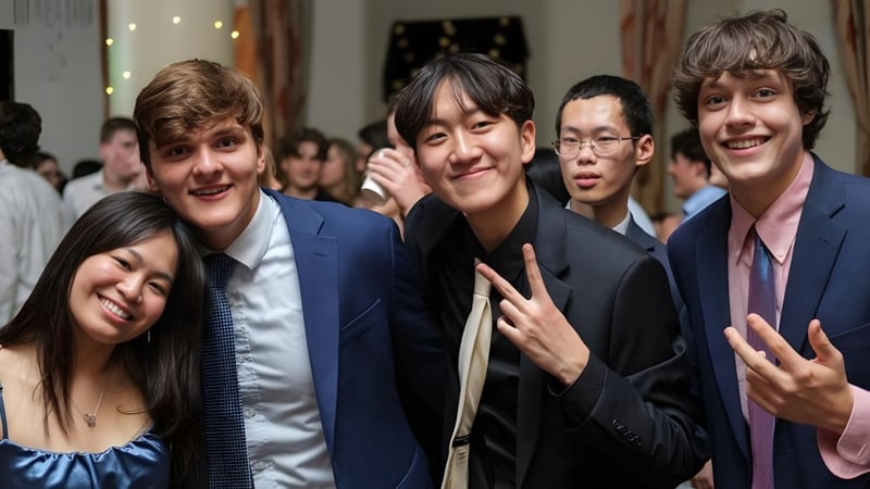 Schüler der Western Reserve Academy versammeln sich zu einer feierlichen Abschlussveranstaltung mit dekorativen Vorhängen im Hintergrund.