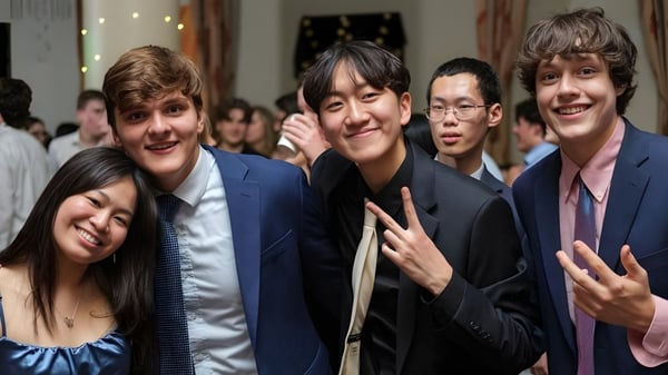 Schüler der Western Reserve Academy versammeln sich zu einer feierlichen Abschlussveranstaltung mit dekorativen Vorhängen im Hintergrund.