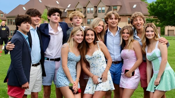 Eine Gruppe Schülerinnen und Schüler steht vor einem Gebäude mit markanter Architektur auf dem Gelände der Westminster School.