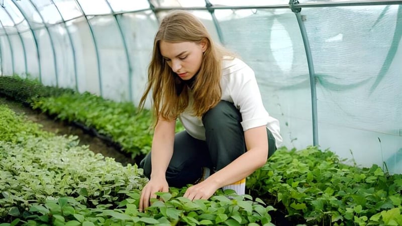 Eine Schülerin der Westminster Secondary School pflegt Pflanzen im Gewächshaus.